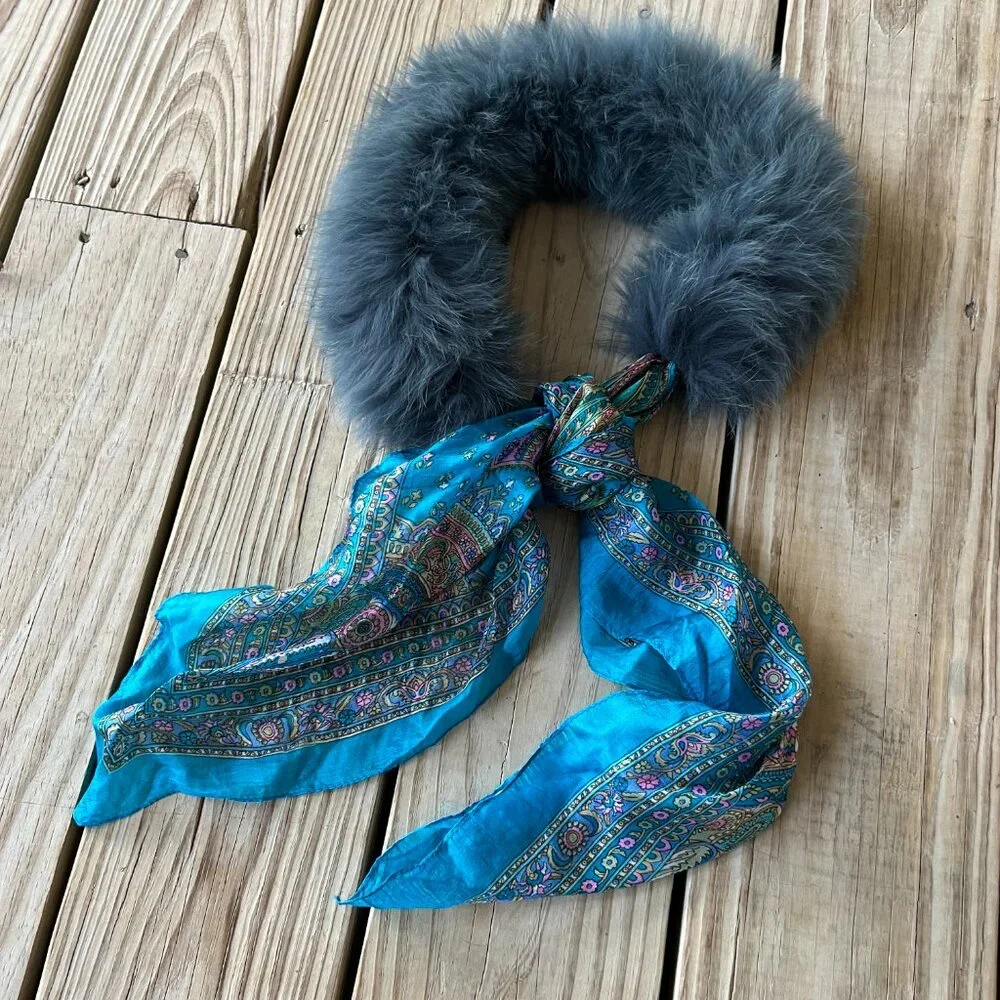Fur and silk collar scarf - real genuine fur - teal blue